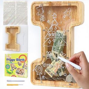 Lakpopya Tirelire en Bois Grande pour Enfant Adulte Tirelire Cochon Personnalisée de Lettres A-Z avec Zone Cible Tirelire Billet Transparente Créative pour Cadeau Décoration Baptême (I) (Never fail, neuf)