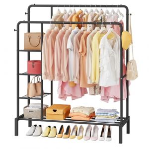 JOISCOPE Portant à Vêtements, Portant Vetement Solide Professionnel avec 2 Tringles de Suspension, 1 Organiseurs, 3 Étagères, 4 Crochets à Chapeau pour Vêtements, Chaussures, Sacs. Noir (HOMYTECH DEC, neuf)