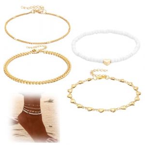 BQRKOTM Lot de 4 ensemble de chaîne de pied perles chaîne de pied bohème multicouche chaîne de pied bracelet plage chaîne de pied femme fille bijoux (ZHANG JING DE DIAN, neuf)