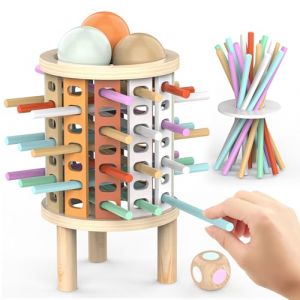 FUIOCOCP Jouet Montessori en Bois, Jeux Enfant 3 4 5 6 7 8 Ans Jeu de Soci&eacute;t&eacute; &Eacute;ducatif Familial avec B&acirc;tonnets Color&eacute;s, D&eacute;s et Sac de Rangement Jenga Enfant Cr&eacute;atifs Cadeaux No&euml;l pour Gar&ccedil;ons Filles (iLja, neuf)