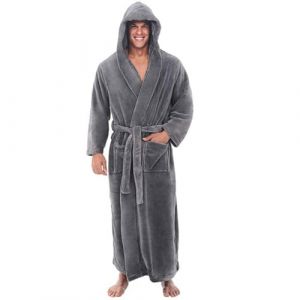 Peignoir &agrave; capuche pour homme - Robe de chambre &agrave; capuche pour homme longue, super douce, en polaire, robe de maison longue pour l'hiver, tailles grandes, peignoir en &eacute;ponge, peignoir moelleux, robe (linhanyi store, neuf)