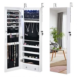 RELAX4LIFE Armoire &agrave; Bijoux au Mur ou &agrave; Suspendre avec LED Automatique Grand Miroir sans Cadre Porte Verrouillable Verlours Doux 2 Cl&eacute; 2 Tirroirs 4 &Eacute;tag&egrave;res, Armoire de Rangement 36x10x108cm (Blanc) (RELAX4LIFE, neuf)