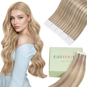 Easyouth Extension Adhesive Invisible Cheveux Naturel Blond Adhesif Extension Cheveux Vrais Gris Dor&eacute; avec Blond Blanchi Extension de Cheveux Adhesive Humain Droit 40 cm 40g 20Pcs (Easyouth Hair, neuf)