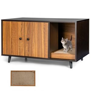 COSTWAY Meuble Litiere Chat en Bois, Cache Litiere Chat Double Porte 3 en 1, Planche à Griffer, Entrée Sinueuse, Maison de Toilette Chat Industriel, 4 Pieds en Métal, 2 Compartiments, 90 x 50 x 50 CM (FDS GmbH, neuf)