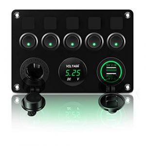 KAOLALI 5 Gang Panneau de Interrupteur, Interrupteur à Bascule Panneau Bateau Tableau Électrique 12V/24V Camping Car Camion Remorque Interrupteur Etanche Double USB (Vert) (OuiouiMarke(Livraison express à partir de 5 euros), neuf)