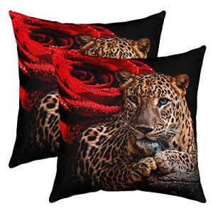 Lot de 2 Housses de Coussins 60x60 Léopard, Housse d'oreiller Rose Rouge, Taie d'oreiller Imprimé Animaux Safari pour Maison Lit Canapé, Housse de Coussin Décorative Fleur Rose Jungle Guépard (Suzhou yiyanyun e-commerce Co., Ltd, neuf)