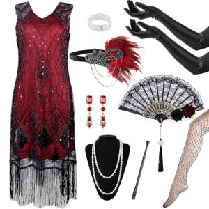Accessoires des années 20 - Robe à franges avec col en V et perles - Robe de soirée des années 20 - Robe de soirée pour femme - Robe des années 20, rouge/noir, S (chaowu-EU, neuf)