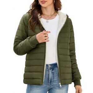 CMTOP Manteau Femme Hiver Polaire Chaud Courte Veste Matelassée, Légère Élégante Doudoune Résistant à l'eau Parka Rembourrée Manteaux en Peluche Blouson avec Capuche et Poches(Vert Militaire,S) (Lemens, neuf)