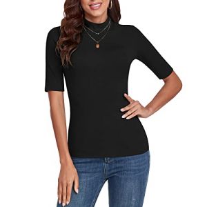 WOWENY Pull &agrave; Manches Courtes pour Femme T-Shirt &eacute;l&eacute;gant &agrave; 1/2 Bras avec col Montant &eacute;lastique T-Shirt &agrave; col roul&eacute; en Coton Tops Basiques Chemise Chemisier, Noir, XL (EU Creative Fashion, neuf)