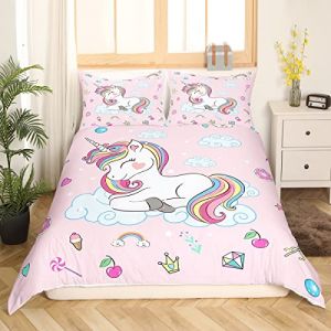 Homemissing Mignon Licorne Housse de Couette Filles Licorne Ensemble de literie Rose Cheval Nuage Bonbons Arc-en-Ciel décor Housse de Couette Ensemble Housse de Couette en Microfibre Kids 140x200 (Bofanshangmao, neuf)