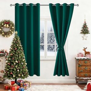 Hiasan Rideaux occultants et rideaux de fen&ecirc;tre avec &oelig;illets, for&ecirc;t verte de No&euml;l, rideaux opaques, 2 pi&egrave;ces, 106 x 160 cm (largeur x hauteur), rideaux courts, rideaux coulissants doux pour la chambre (Hiasan, neuf)