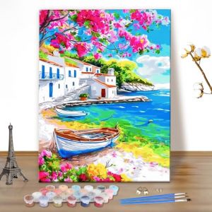 MEIYUDA Peinture par Numero Adulte Vue Mer Bateau, DIY Peinture Acrylique pour Adultes D&eacute;butants, Facile sur Toile Avec Peintures et Pinceaux 40x50cm(sans Cadre) (JINBEIKANG, neuf)