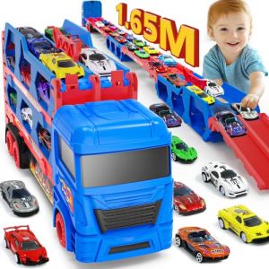 Camion Transporteur Voiture pour gar&ccedil;ons de 3, 4, 5, 6 Ans, 165cm de Pistes Pliables avec &eacute;jecteurs et 10 Mini Voitures, Facile &agrave; Transporter, Camion de Course pour Enfants, Cadeaux Jouets Enfants 3+ (wrzj, neuf)