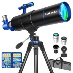 T&eacute;lescope Astronomique Adultes, 90/500mm HD T&eacute;lescope R&eacute;fracteur pour Enfants D&eacute;butants d'astronomie avec Autocollants D&eacute;coratifs sur Le th&egrave;me de l'espace, Adaptateur T&eacute;l&eacute;phone & Sac de Transport (Gaterda-EU, neuf)
