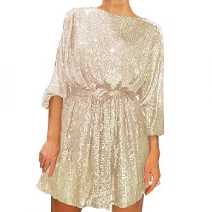 Robe Femme Chic Et Elegant De Soiree Sequins Qui Cache Le Ventre Tenue Fête Elegante À Noel Longue Fete Paillettes Soirée Courte Costume Annee 20 Reveillon Charleston Manche Cocktail a Paillette Sexy (Jibian, neuf)