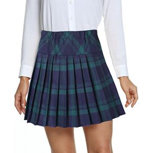 EXCHIC Femmes L'école Style A Ligne Elasticité Taille Haute Mini Plissée Jupe Plaid Ecossaise Kilt avec Pantalons(XXL, 1-Vert) (EEVASS, neuf)