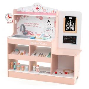 COSTWAY Centre Médical en Bois Enfants avec 24 Accessoires, Kit de Médecin Jouet avec Moniteur ECG Radiographies Tableau Optique Stéthoscope Tensiomètre, Jeu de rôle pour Garçons Filles 3+ Ans (Rose) (FDS GmbH, neuf)