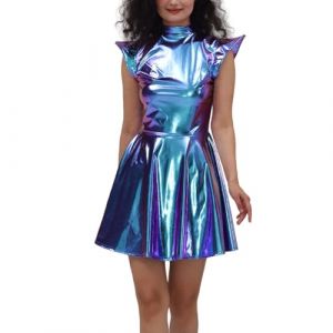 Robe M&eacute;tallique pour Femmes Mini Robe Brillante Pliss&eacute;e Robes Extraterrestr Robes De Soir&eacute;e Rave Clubwear Disco Dancewear Costume De Cosplay (Miuiakoal, neuf)