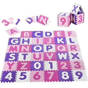 Juskys Tapis-Puzzle pour Enfants Juna 36 pièces avec Lettres de A à Z et Chiffres de 0 à 9 – Antidérapant – Rose pour Les Filles – Puzzle dès 10 Mois –Tapis de Jeu (Juskys Gruppe GmbH, neuf)