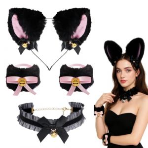 YUVKIN Serre T&ecirc;te Carnaval, Set Serre T&ecirc;te et Collier avec Cloche, Serre T&ecirc;te Oreille de Chat Mignon, Oreille de Chat D&eacute;guisement, Chat Cosplay Costume Id&eacute;al pour F&ecirc;te d'Karneval (Noir) (HerEdit, neuf)