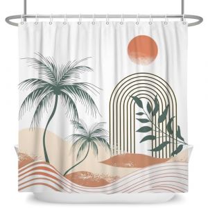 ASDCXZ Rideau de douche bohème, 180 x 200 cm, moderne, abstrait, été, sable, vert, palmiers, rouge, soleil, arc, lavable, en polyester, imperméable, anti-moisissure, pour baignoire, avec 12 crochets (Qingjuan Trade, neuf)