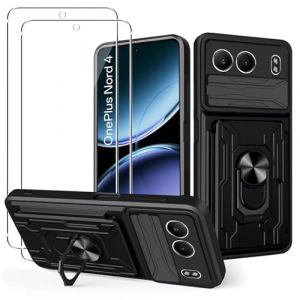 MEMELOKA Coque pour OnePlus Nord 4 5G + 2 Pièces Verre Trempé, Rigide PC et TPU Bumper Antichoc Étui de Protection[Lentille Coulissante Couverture][Fente pour Carte][Support Rotatif], Noir (YDX-FIRST, neuf)