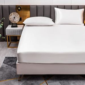 Drap Housse Satin 200x200 cm 2 Personnes avec Grand Bonnet de 30 cm pour Matelas Épais - Drap-Housse Douce en Satin de Soie Polyester Couleur Unie, Blanc (Cote d'Anran, neuf)