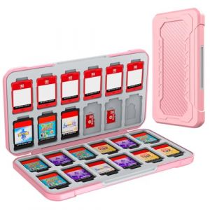 HEIYING Rangement Jeux Switch pour Nintendo Switch 2/Lite/OLED,Support de Stockage de M&eacute;moire en Design en Fibre de Carbone Rose avec 24 Fentes Carte Jeu et 24 Fentes Carte Micro SD (HEIYING-EU, neuf)