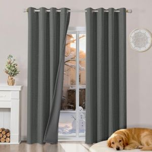 Runy&eacute;la 100% Rideau Occultant Thermique Isolant Anti Froid 120x230, Lot de 2 Lin Rideaux Fen&ecirc;tre Opaques &agrave; Oeillets Gris Anti Chaleur UV Bruit, Int&eacute;rieurs Decoration Dressing Salon Chambre (Runi-EU, neuf)