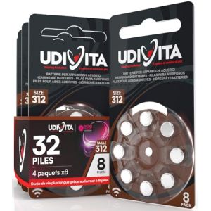 32 Piles Auditives Taille 312 Udivita PR41 (Marron) Zinc-Air Hearing Evolution avec Technologie Phono Pulse - 4 Blisters de 8 Piles (Eurocali, neuf)