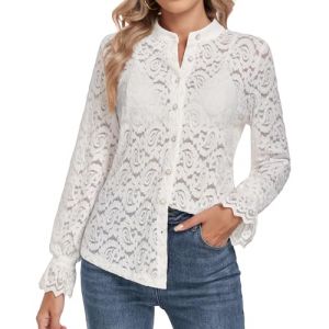 WOWENY Chemisier &agrave; manches longues pour femme - &Eacute;l&eacute;gant - Avec dentelle - Col montant - Blouse &agrave; col - Haut d&eacute;contract&eacute; - Transparent - Chemisier en dentelle, Blanc., S (Naughty Fashion Mode, neuf)
