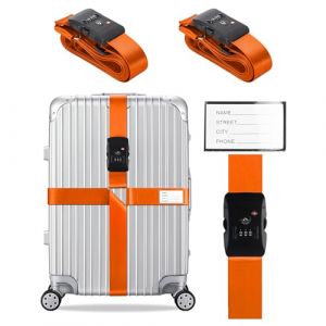 Veki Ensemble de Sangle de Bagage Croisées Approuvées TSA avec Verrou Ceintures de Valise de Voyage Réglables avec Carte d'identification et Sangles de Rangement pour Valises (Orange, 2 pièce) (YUESHISHANGMAO01, neuf)
