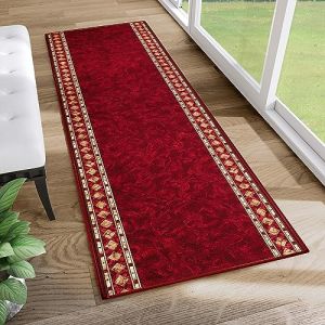 TAPISO Antid&eacute;rapant Tapis Couloir Long Tapis au M&egrave;tre Tapis de Passage Poils Ras Tapis Entr&eacute;e Cuisine &Eacute;vier Chambre Escaliers Moderne Rouge Beige G&eacute;om&eacute;trique Bord&eacute; 80 x 200 cm (TAPISO-FR, neuf)