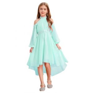 Freebily Asym&eacute;trique Robe De Mariage Soir&eacute;e Princesse Fille Enfant Robe Licou de Cocktail Nouvelle Ann&eacute;e Concours De Beaut&eacute; Ecole Volants Strass Diamants Vert 11-12 Ans (MissPretty, neuf)