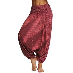 Nuofengkudu Femme Yoga Pantalon Sarouel Thailande Motif Ethnique Haute Taille Elastique Larges Sport Baggy Pants Plage (Vin Rouge,Taille Unique) (better Life, neuf)