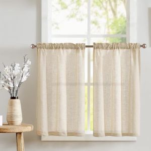TOPICK Lot de 2 Rideaux Cuisine Lin Jaune Beige d'Extérieur Semi-Transparent Respirable Petit Fenetre Rideaux Brise-Bise Courts Placard Salon Chambre H90 x L65(cm) (Audrey Home Fashion, neuf)