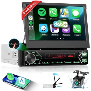 Podofo Autoradio Dab+ 1 DIN Bluetooth avec CarPlay et Android Auto sans Fil, avec écran Pop-up motorisé, écran Tactile 7 Pouces, Mirror Link FM, USB Type-C, Microphone AUX, caméra de recul (Podofo, neuf)