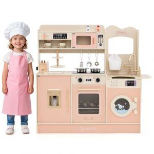 COSTWAY Cuisine Enfant en Bois avec Lumi&egrave;re & Effet Sonore, Jeu de Cuisine avec 25 Accessoires & Micro-Ondes, Machine &agrave; Caf&eacute; & Machine de Gla&ccedil;ons, Jeu d'Imitation pour Enfants de 3 Ans+ (Rose) (FDS GmbH, neuf)