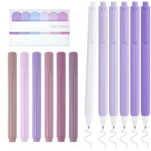 OFFCUP Surligneurs Pastel, 6 Colori Surligneur Marqueurs Paste + 6 Stylos Encre Gel Noire + Note Autocollante, Esth&eacute;tiques Pastel Highlighter Pen pour Carnet Journal &eacute;cole Maison Bureau (Violet) (HOOCHE, neuf)