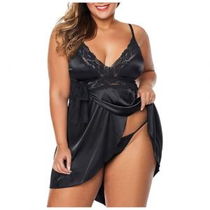 Sous-v&ecirc;tements sexy pour femme - Ensemble de v&ecirc;tements de nuit en satin grande taille - Lingerie - Chemise de nuit avec bretelles r&eacute;glables - Robe d'int&eacute;rieur pour femme, Noir , 4XL (⭐⭐⭐⭐⭐Five Amz⭐⭐⭐⭐⭐, neuf)