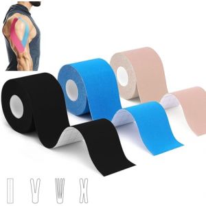 3 rouleaux Tape Kinesiologie, Bande de kinésiologie de sport pour les muscles, 5 m x 5 cm, bande kinesiologie kinesio tape étanche & élastique pour le strap sport strapping (Oktober stream, neuf)