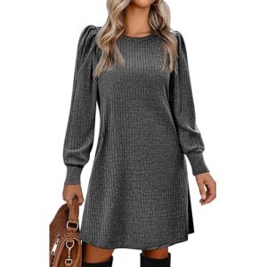 Zeagoo Robe Hiver Femme Robe en Maille C&ocirc;tel&eacute;e Col Rond Manches Bouffantes Non Transparente Coupe Ligne A Courte Confortable pour Quotidien Et Bureau Gris S (Zeagoo direct, neuf)
