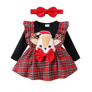 ESSECMBS No&euml;l 2Pcs Ensemble &Eacute;l&eacute;gant Fille Petite Fille Robe de No&euml;l Broderie de Renne avec Manches Longues Robe &Eacute;l&eacute;gante Nouveau-n&eacute; Robe Princesse Enfant+Bandeau, rouge, 12-18 mois (CHAUNGXIAN, neuf)
