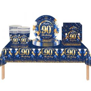 Lot de 53 nappes jetables en plastique bleu marine avec inscription &laquo; Happy 90th Birthday &raquo; - Assiettes en carton, serviettes et tasses pour homme - D&eacute;corations de table jetables pour f&ecirc;te (SHOOTING STAR  STORE, neuf)