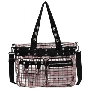 Makukke Sac fourre-tout Y2K pour femme - Grand sac gothique - Motif t&ecirc;te de mort - Pour le travail, le bureau, les voyages, Carreaux roses (Makukke-Store, neuf)