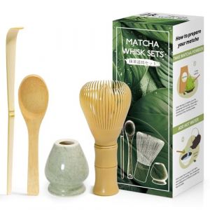4 Pièces Matcha kit ceremonie japonais, Jaune Fouet en Résine Chasen, Cuillère en bambou, pelle en bambou, Porte-Fouet, Coffret matcha pour la cérémonie du thé, la boisson - Matcha vert (HUAN Shop, neuf)