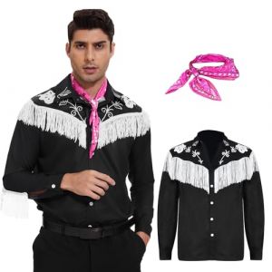 AJGEGJE Costume de cowboy pour homme, chemise occidentale à manches longues à franges avec écharpe et chapeau pour Halloween et cosplay (M) (BYLMTP, neuf)