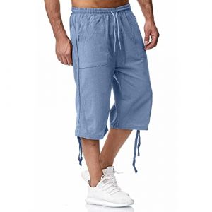 Bastwahl Bermuda Homme Jean, 2025 Short Lin et Bermuda Homme 3/4 Long D'&Eacute;t&eacute; Pantacourt Coton, pour La Plage, Le Yoga, Le Jogging, Pantalon Taille Elastique D&eacute;contract&eacute; Bleu L (Ama2om, neuf)