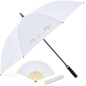 Hestya Parapluie de Mariage Blanc avec Imprimé Mr et Mrs Éventail de Mariée Portable Pliant à Main avec Boîte Cadeau Résistant au Vent Parasol Portatif de 120 cm Ombrelle Vintage Décoration de Fête (Hoocowayee, neuf)