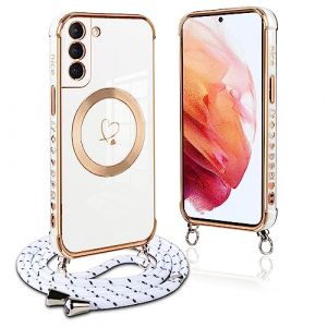 Pnakqil Coque Magn&eacute;tique pour Samsung Galaxy S21 5G Con Cordon, Compatible avec MagSafe, Silicone Housse avec Motif Coeur d'amour R&eacute;glable Collier Lanyard, pour Samsung S21 5G 6.2", Blanc (CONNECT EAGLE, neuf)